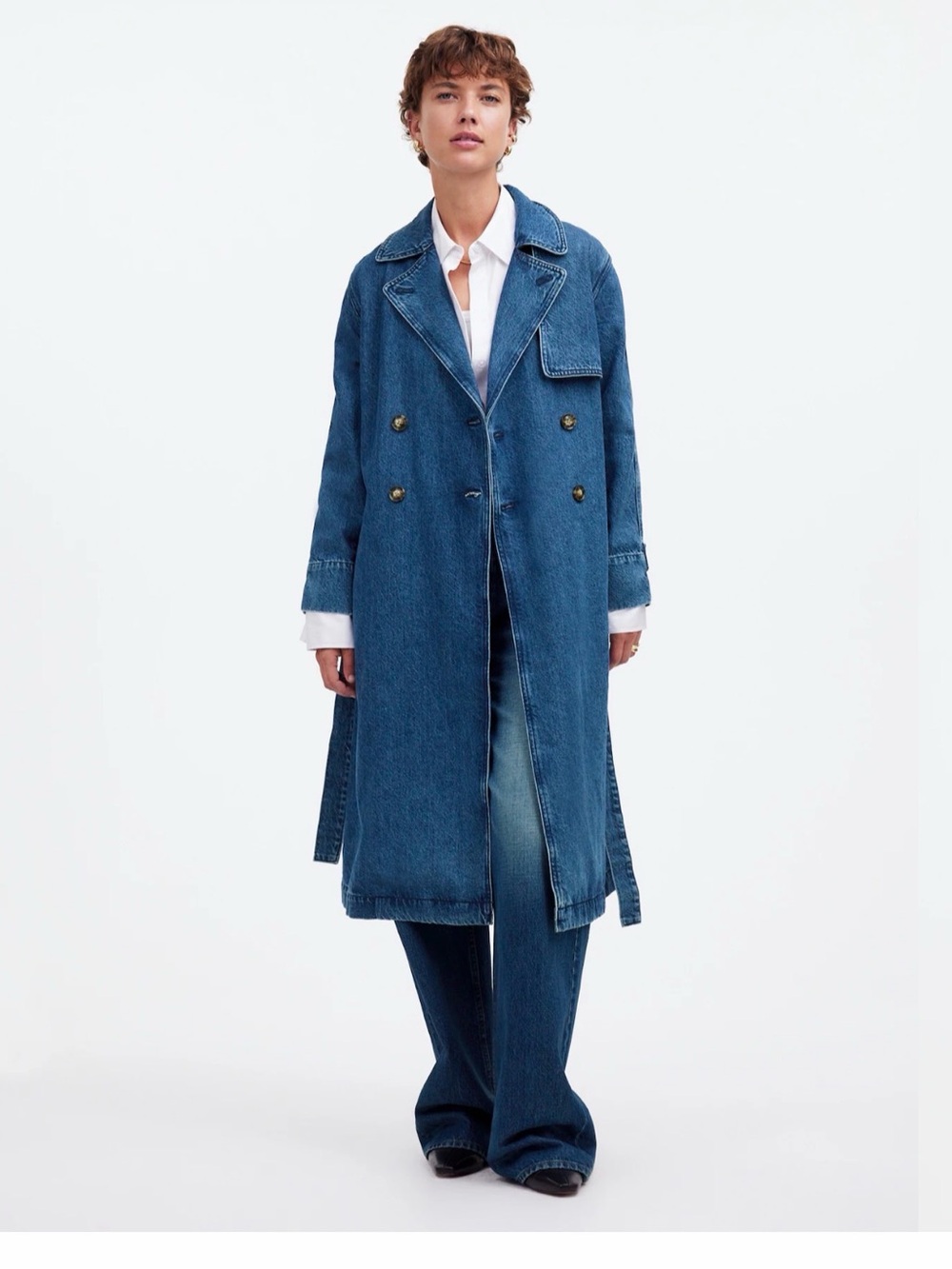 MADEWELL Denim Double Breasted Long Trench Coat Ravenwood Wash Medium NWT Belted